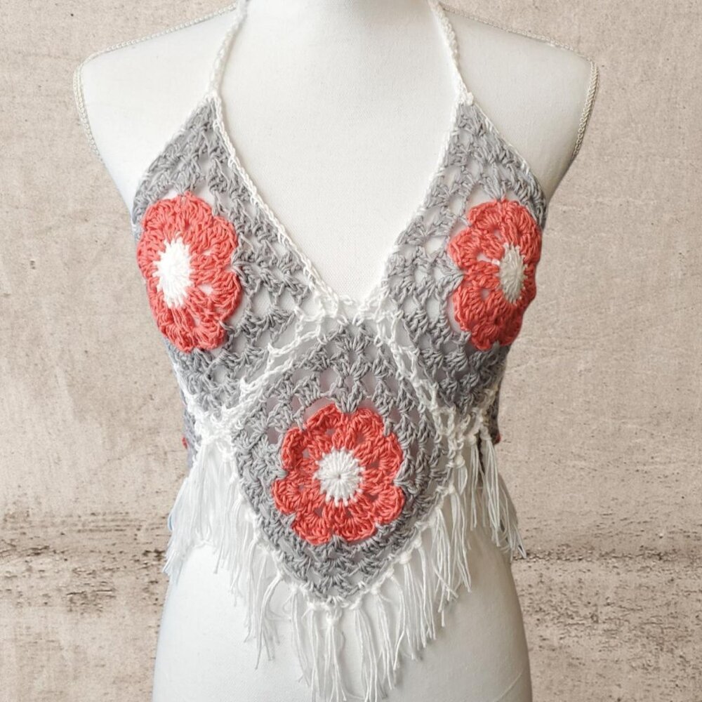 Handmade crochet‎ granny square boho top.